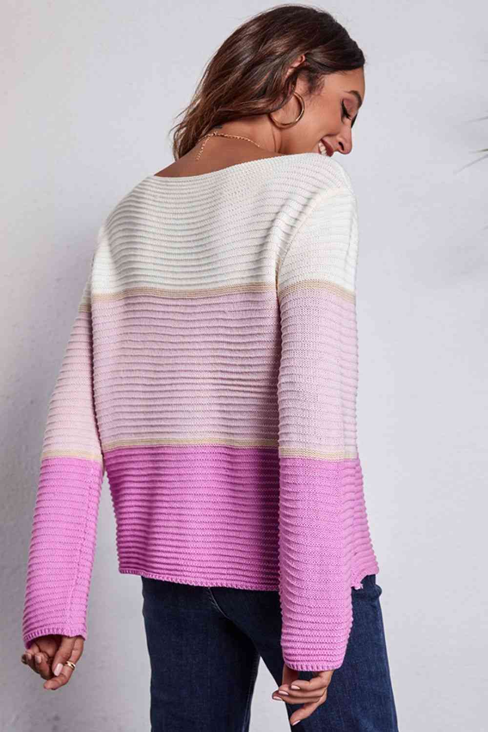 Color Block Horizontal Ribbing Sweater - AllIn Computer