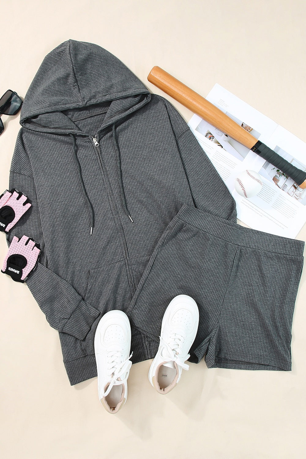 Drawstring Zip Up Sweatshirt and Shorts Set - AllIn Computer