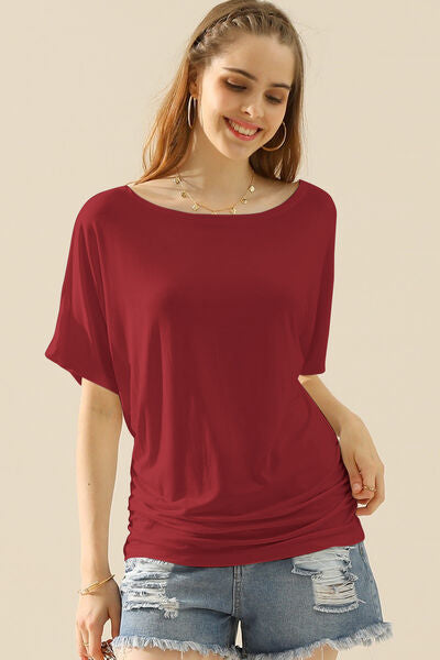 Ninexis Boat Neck Short Sleeve Ruched Side Top - AllIn Computer