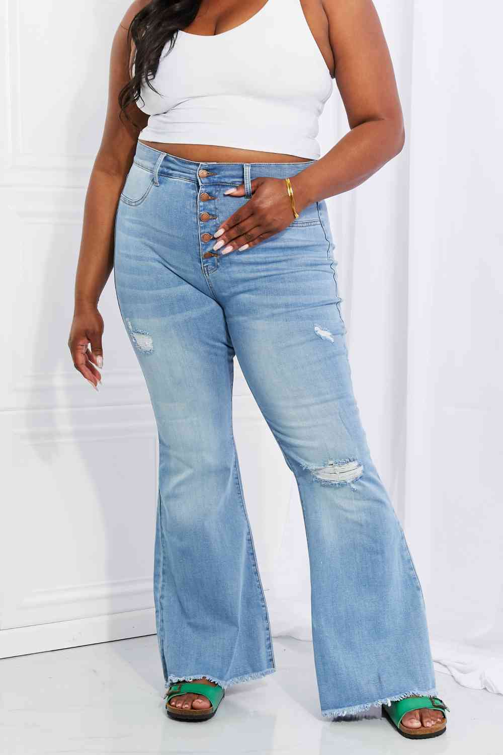 Vibrant MIU Full Size Jess Button Flare Jeans - AllIn Computer