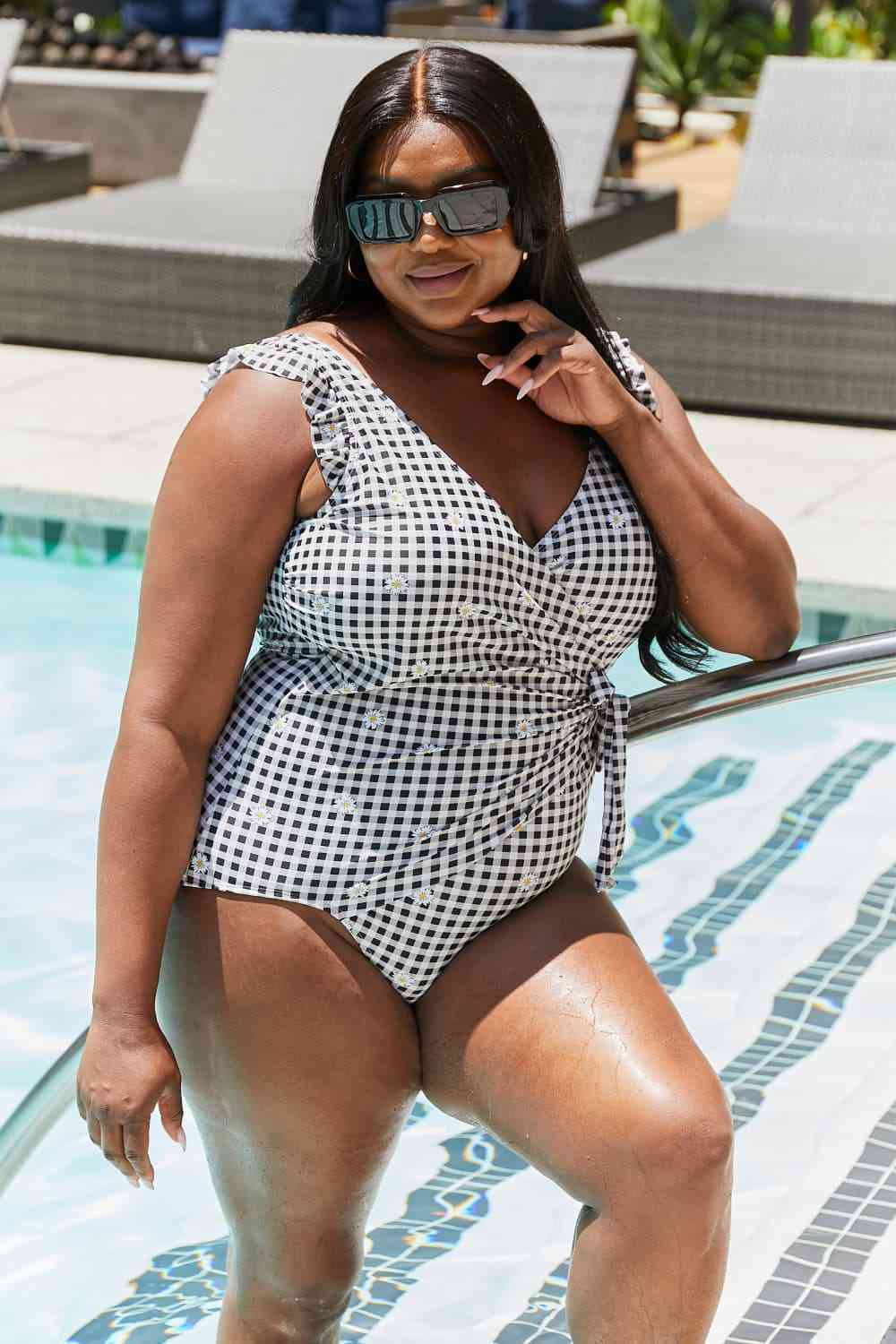 Marina West Swim Full Size Float On Ruffle Faux Wrap One-Piece in Black - AllIn Computer