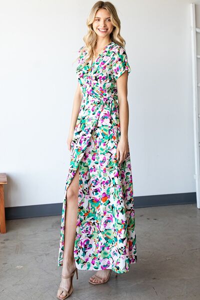 First Love Slit Printed Surplice Tie Waist Short Sleeve Dress - AllIn Computer