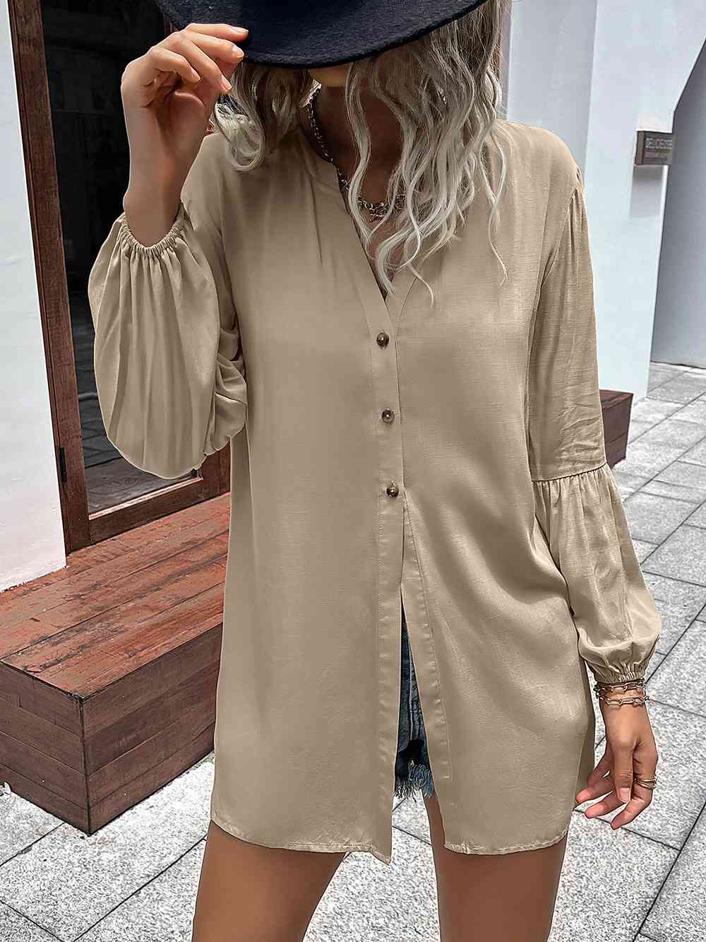 Double Take Notched Neck Balloon Sleeve Shirt - AllIn Computer