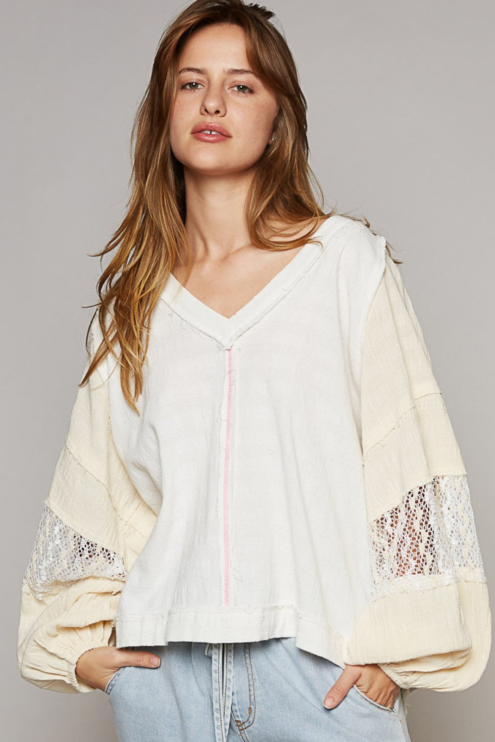 POL Balloon Sleeve Crochet Patch Top - AllIn Computer