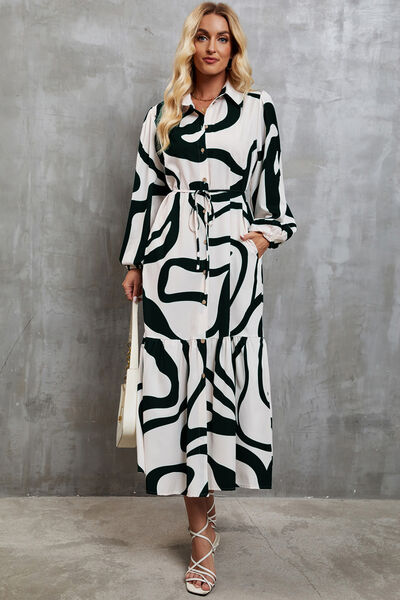 Tie-Waist Printed Button Up Dress - AllIn Computer