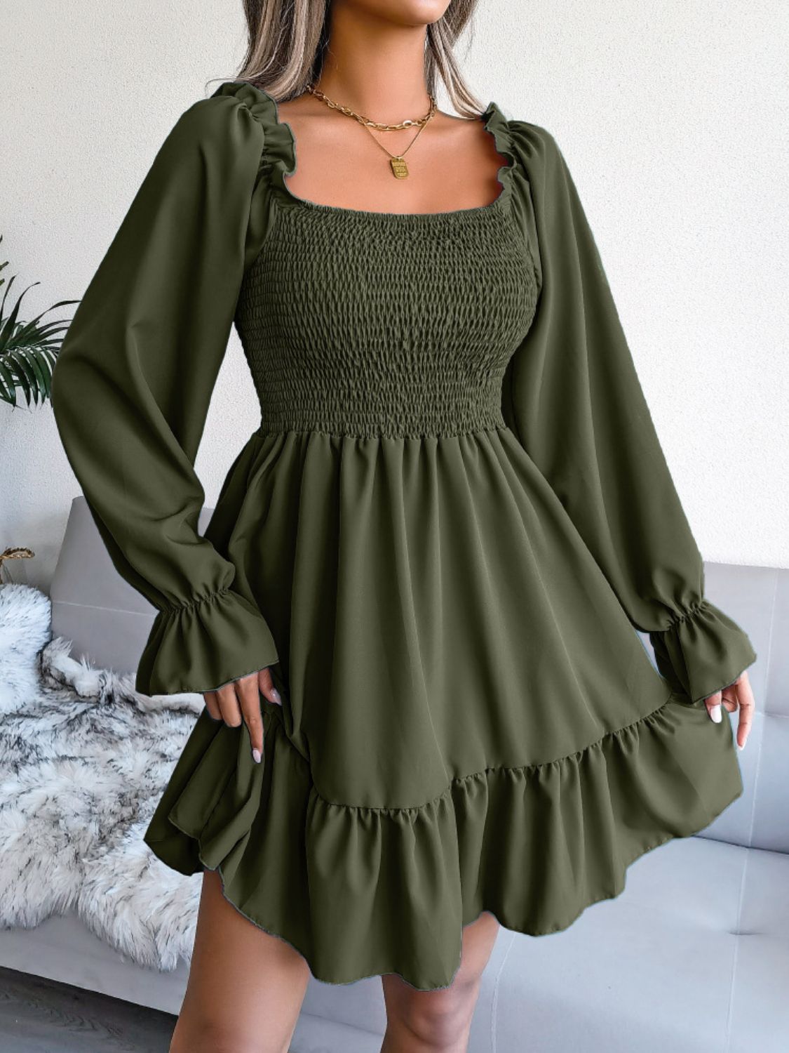 Smocked Flounce Sleeve Square Neck Dress - AllIn Computer
