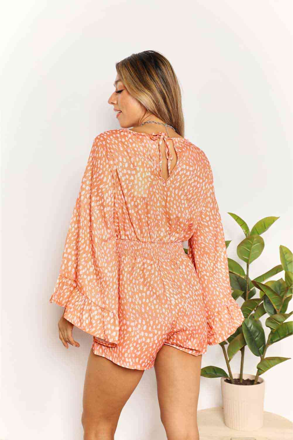 Double Take Printed Flare Sleeve Surplice Romper - AllIn Computer