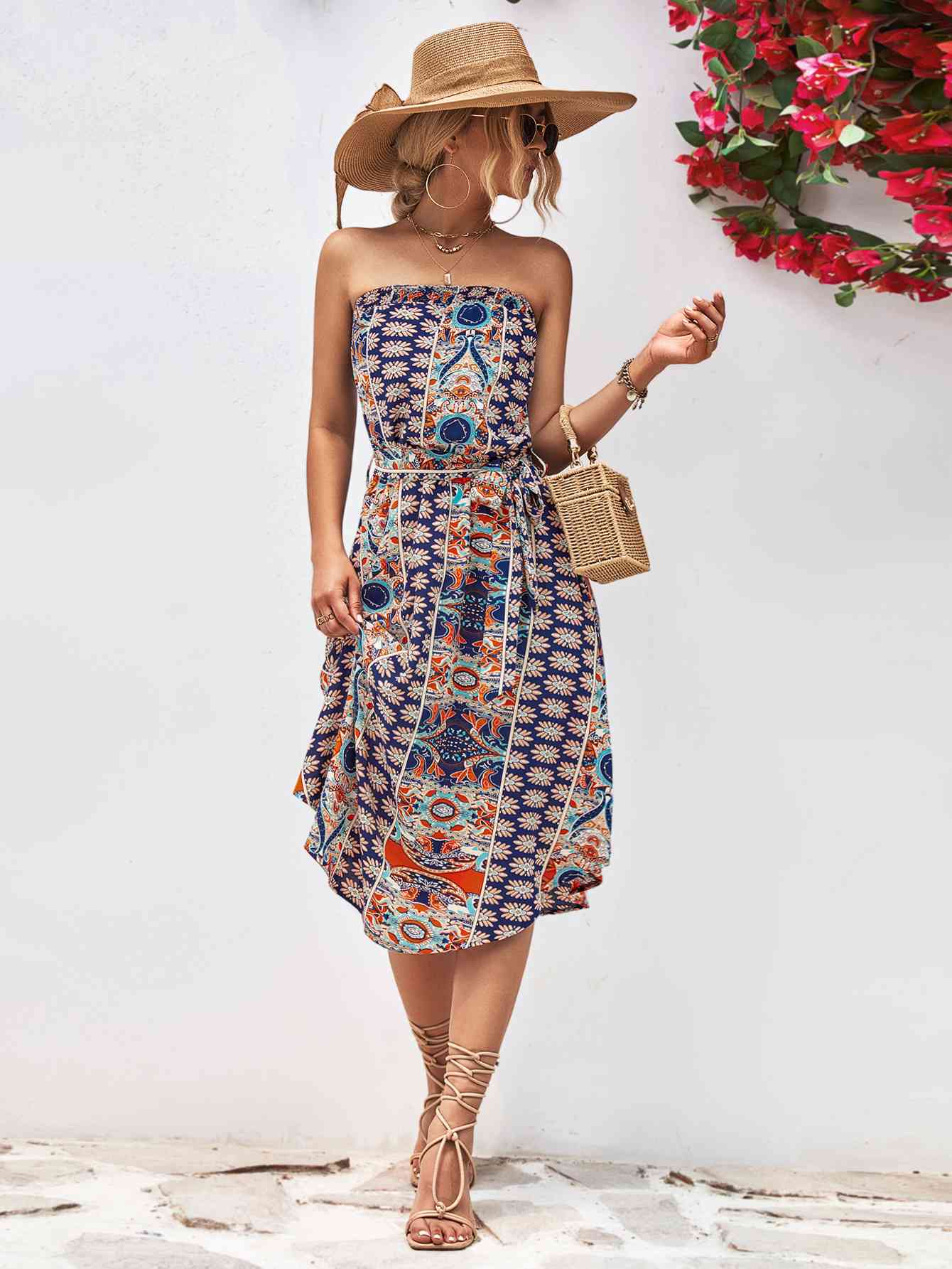 Printed Strapless Tie Belt Dress - AllIn Computer