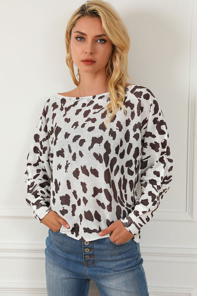 Leopard Boat Neck Long Sleeve Sweater - AllIn Computer