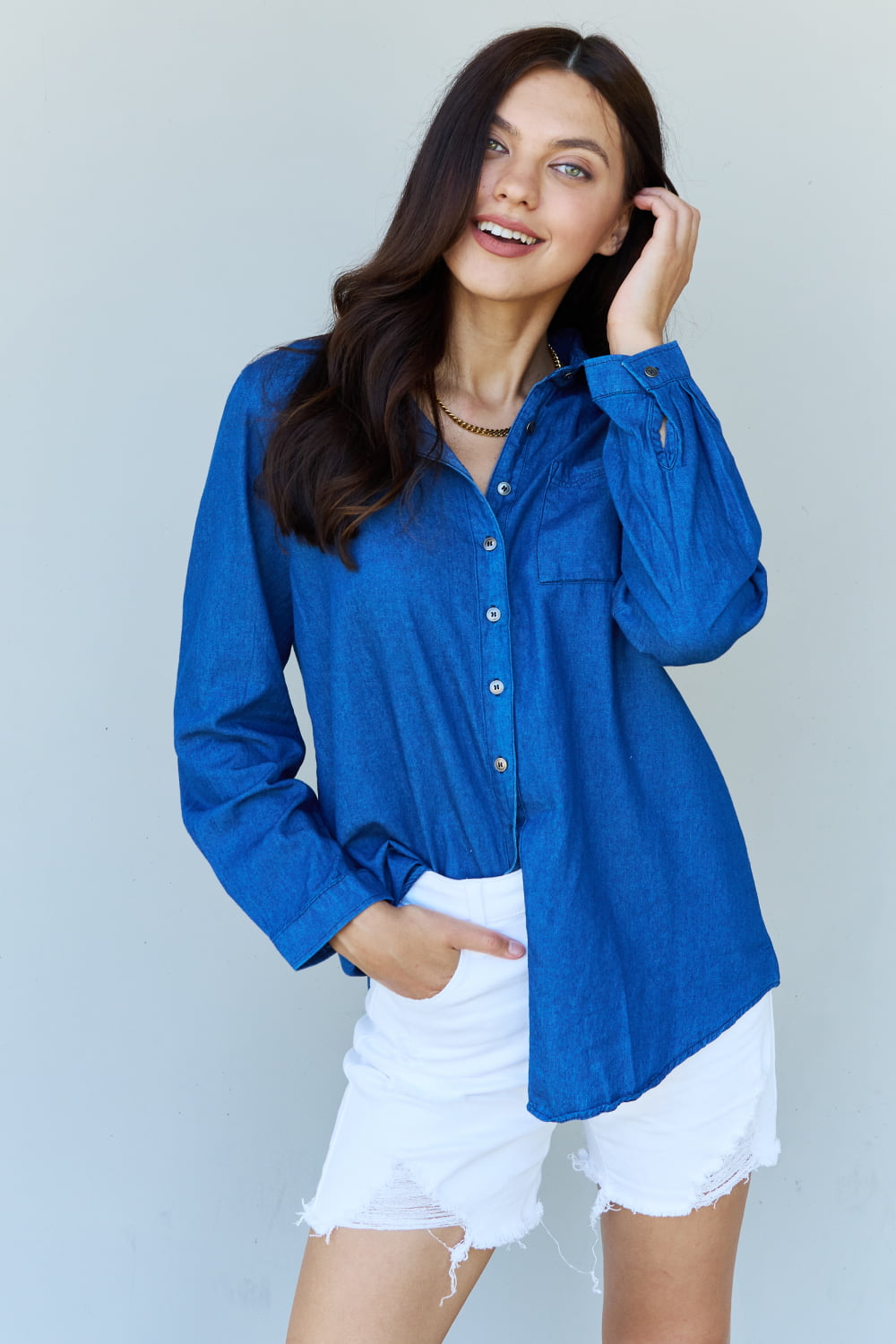 Doublju Blue Jean Baby Denim Button Down Shirt in Dark Blue - AllIn Computer