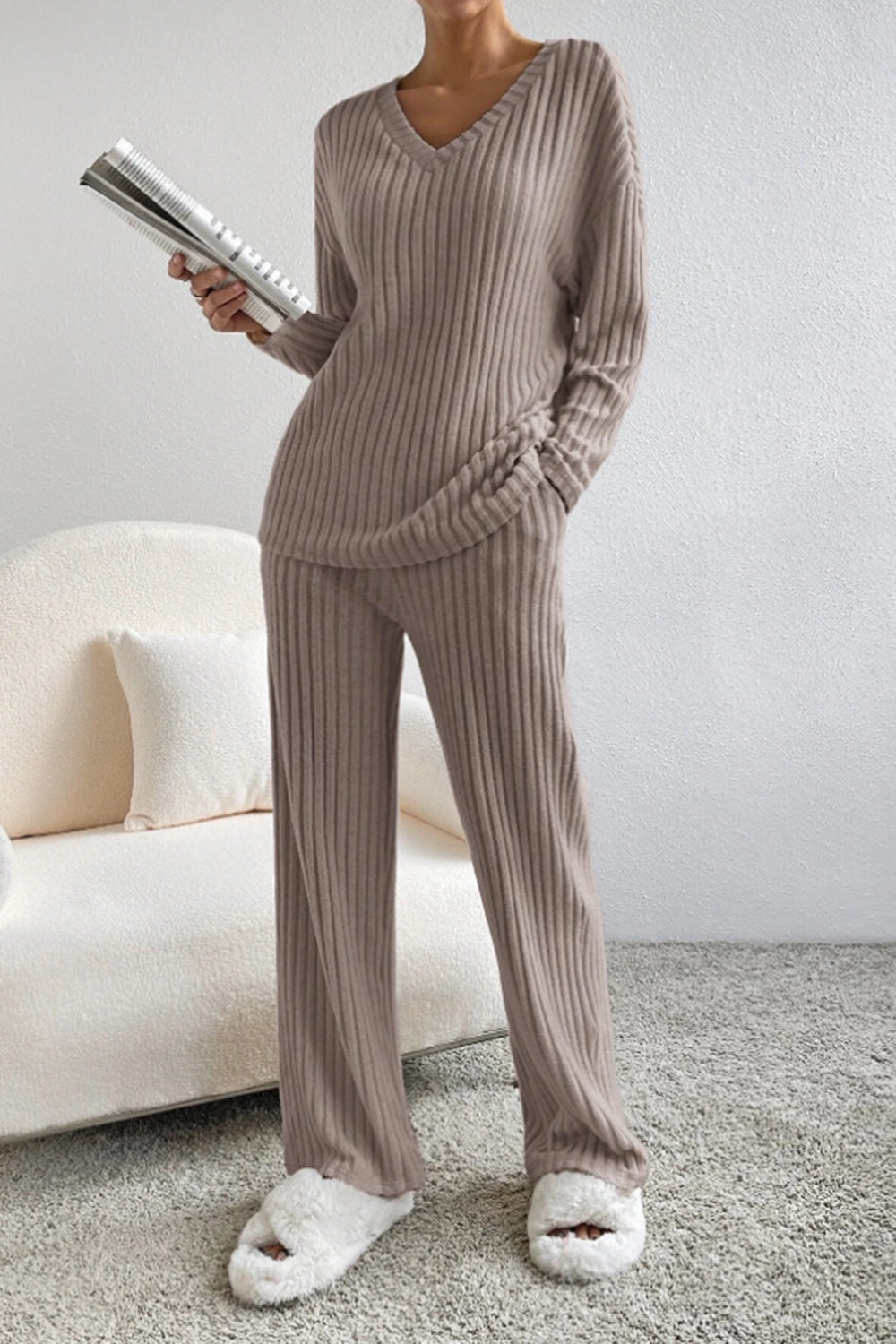 Ribbed V-Neck Top and Pants Set - AllIn Computer