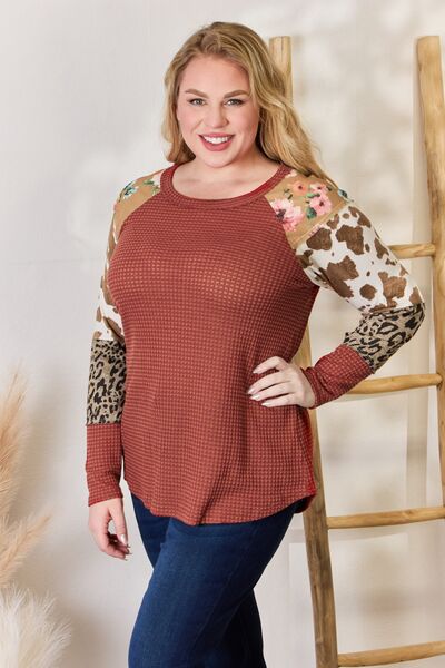 Hailey & Co Full Size Leopard Waffle-Knit Blouse - AllIn Computer