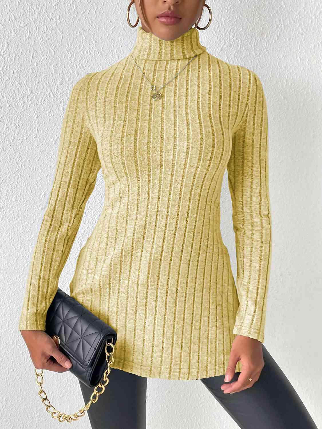 Ribbed Turtleneck Long Sleeve Slit T-Shirt - AllIn Computer