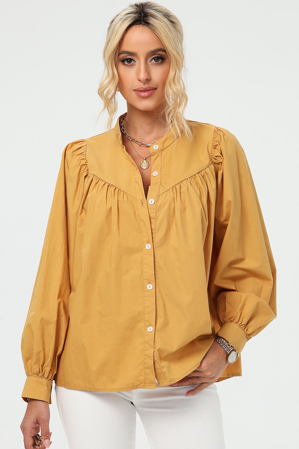 Ruched Button Up Long Sleeve Shirt - AllIn Computer