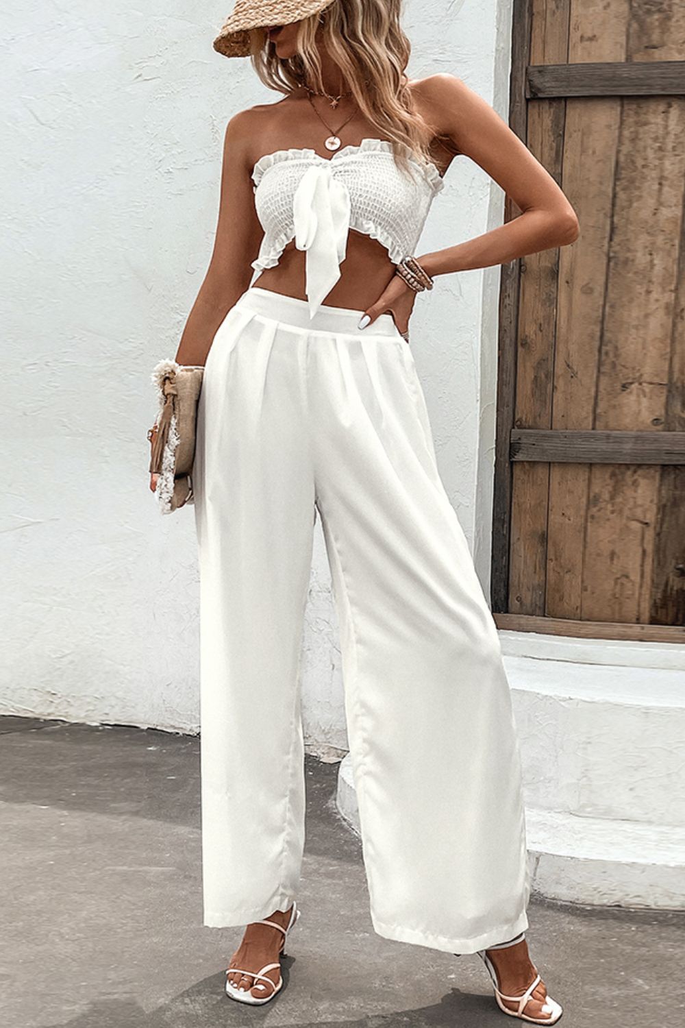 Smocked Tube Top and Wide Leg Pants Set - AllIn Computer