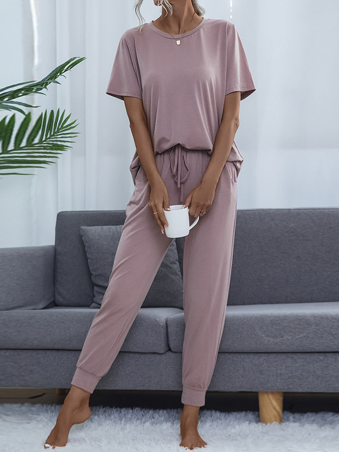 Round Neck Short Sleeve Top and Pants Set - AllIn Computer