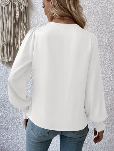 Surplice Smocked Lantern Sleeve Blouse - AllIn Computer
