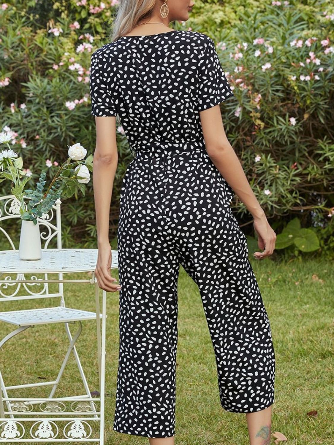 Printed V-Neck Short Sleeve Jumpsuit - AllIn Computer
