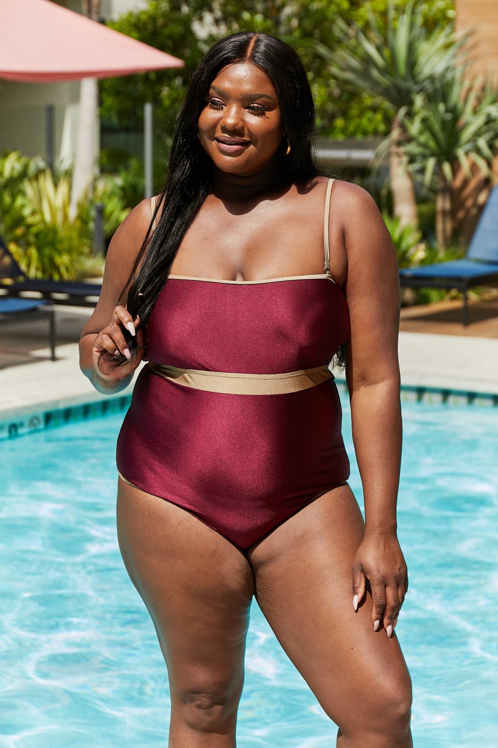 Marina West Swim Wave Break Contrast Trim One-Piece in Wine - AllIn Computer