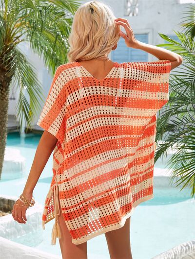 Tassel Openwork Striped V-Neck Cover Up - AllIn Computer