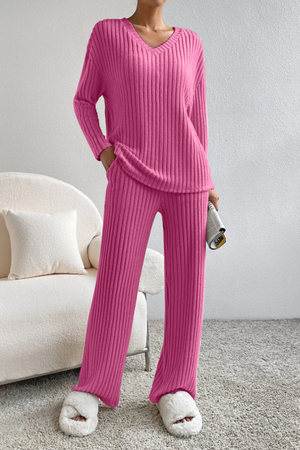 Ribbed V-Neck Top and Pants Set - AllIn Computer