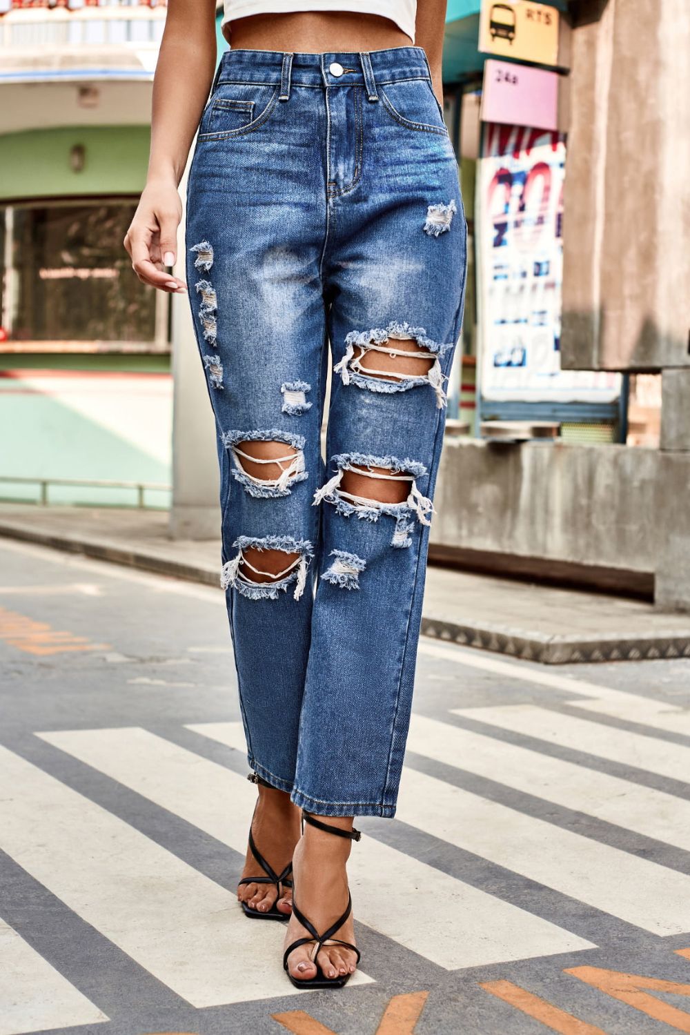 Distressed Buttoned Jeans with Pockets - AllIn Computer