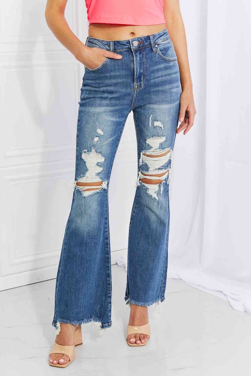 RISEN Full Size Hazel High Rise Distressed Flare Jeans - AllIn Computer