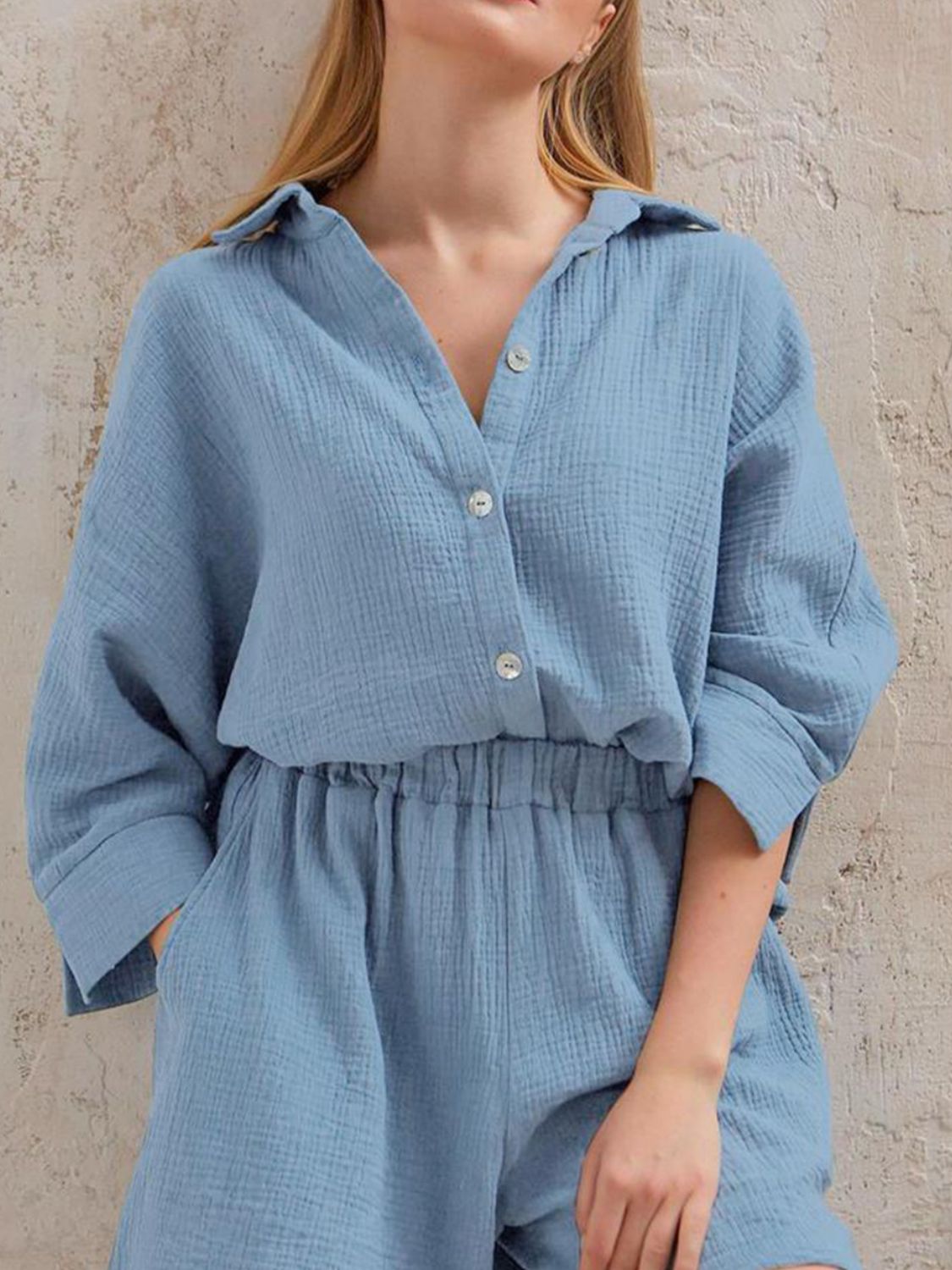 Texture Button Up Shirt and Shorts Set - AllIn Computer