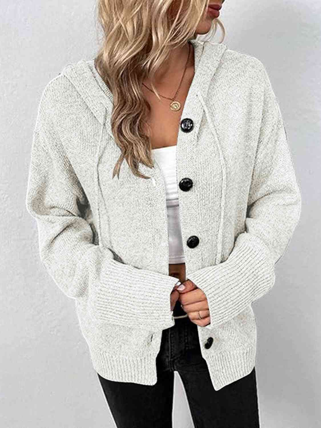 Button Up Drawstring Long Sleeve Hooded Cardigan - AllIn Computer