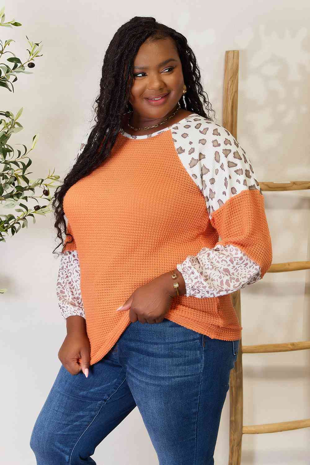 Double Take Leopard Waffle-Knit Long Sleeve Blouse - AllIn Computer