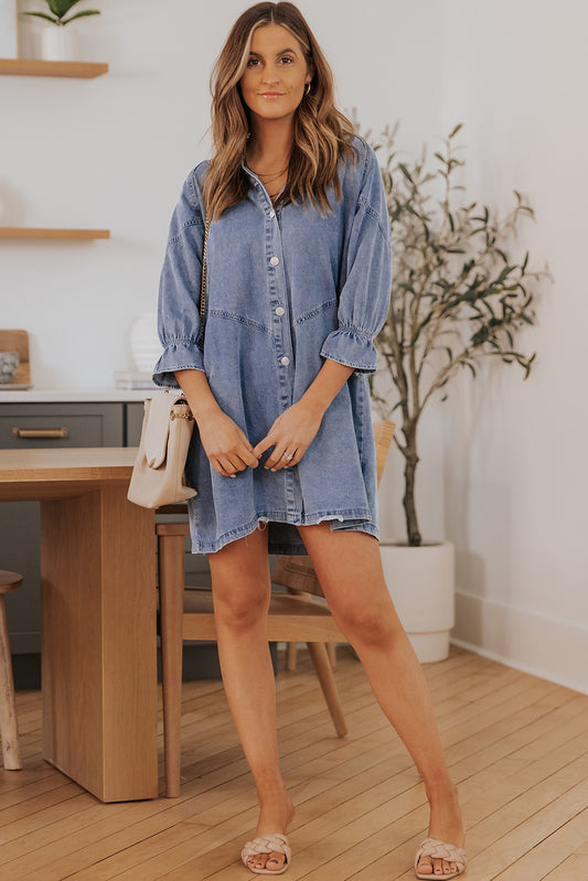 Collared Neck Flounce Sleeve Denim Mini Dress - AllIn Computer