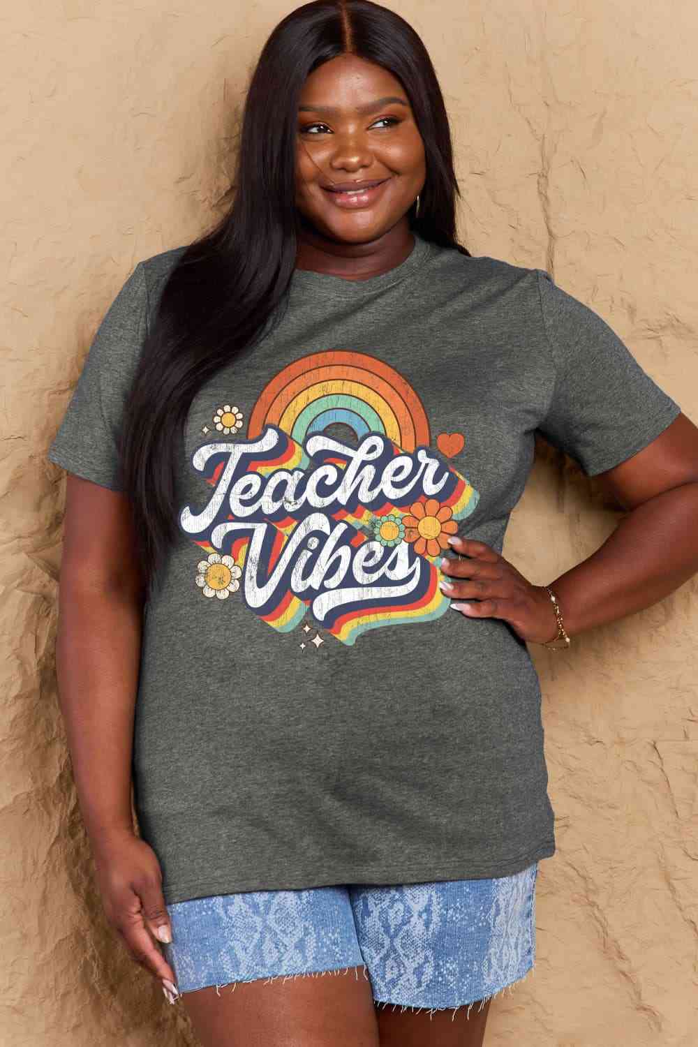 Simply Love Full Size TEACHER VIBES Graphic Cotton T-Shirt - AllIn Computer