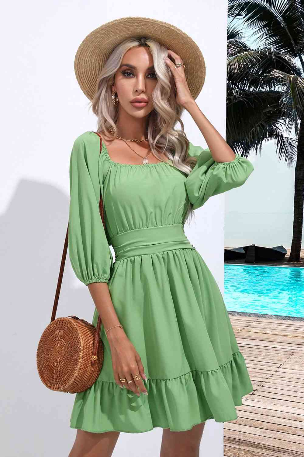 Square Neck Tie Back Ruffle Hem Dress - AllIn Computer