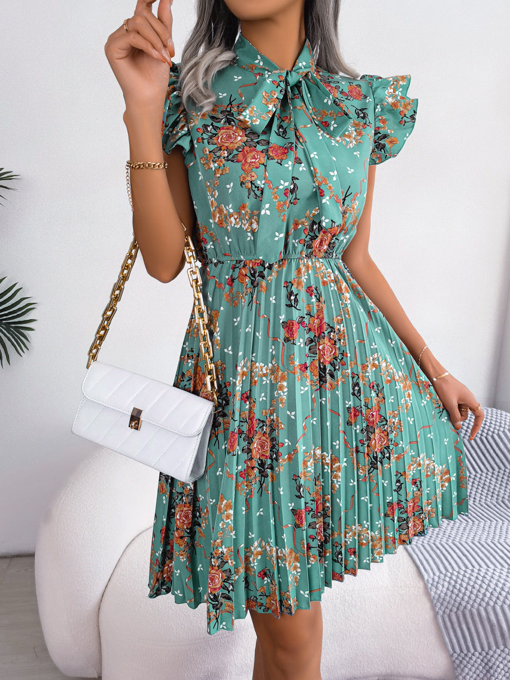 Pleated Floral Printed Tie Neck Knee Length Dress - AllIn Computer