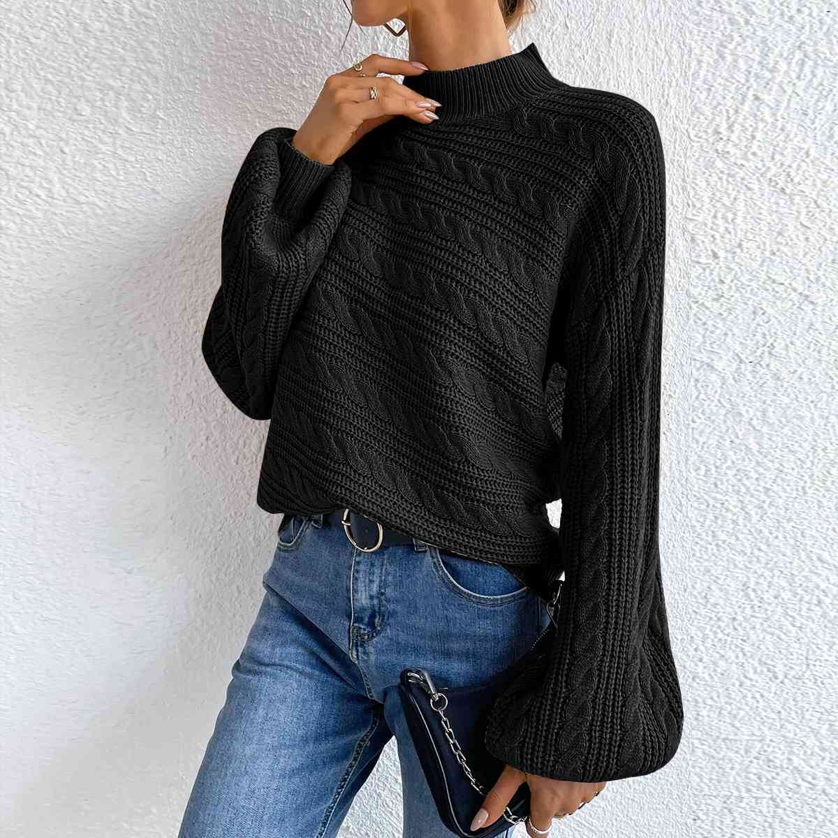 Cable-Knit Mock Neck  Long Sleeve Sweater - AllIn Computer