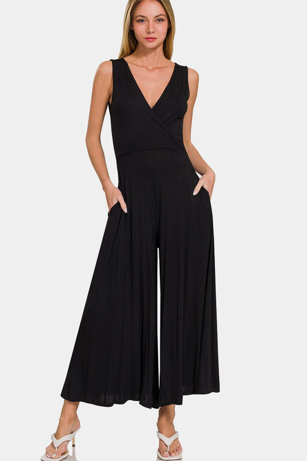 Zenana Surplice Neckline Sleeveless Jumpsuit - AllIn Computer