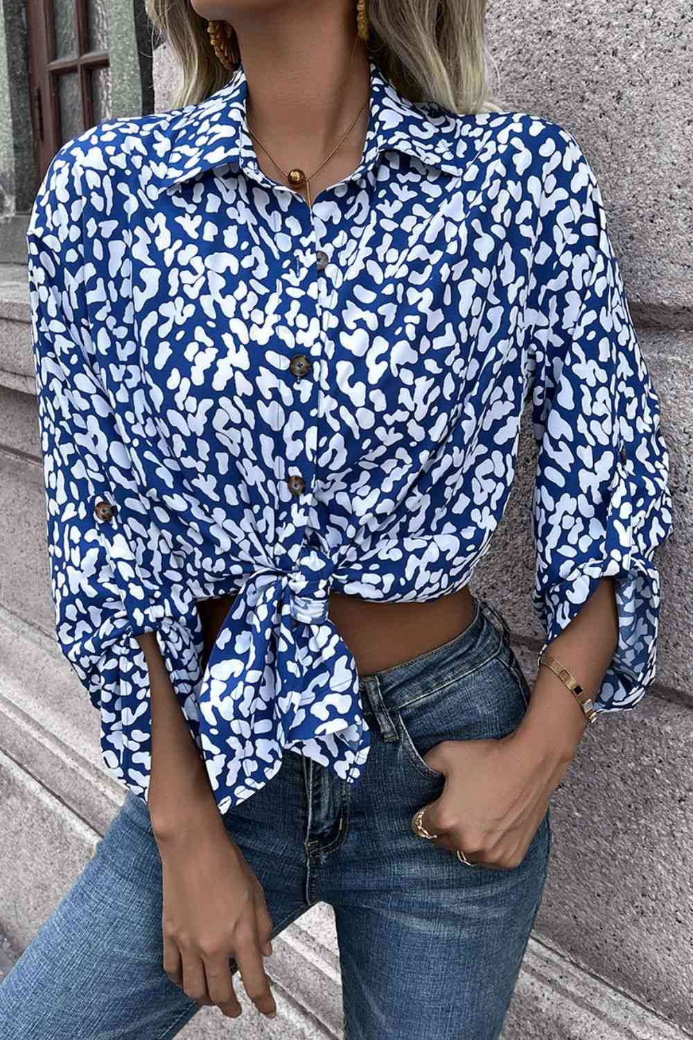 Double Take Leopard Roll-Tap Sleeve Shirt - AllIn Computer