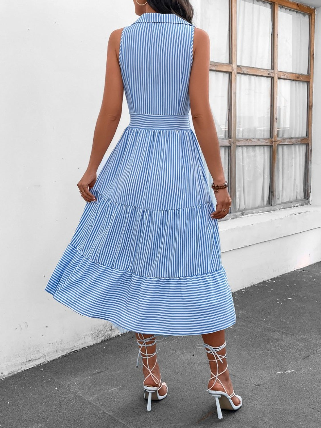 Striped Johnny Collar Sleeveless Midi Dress - AllIn Computer