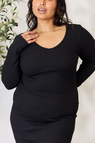 Culture Code Full Size Ribbed Long Sleeve Midi Slit Dress - AllIn Computer