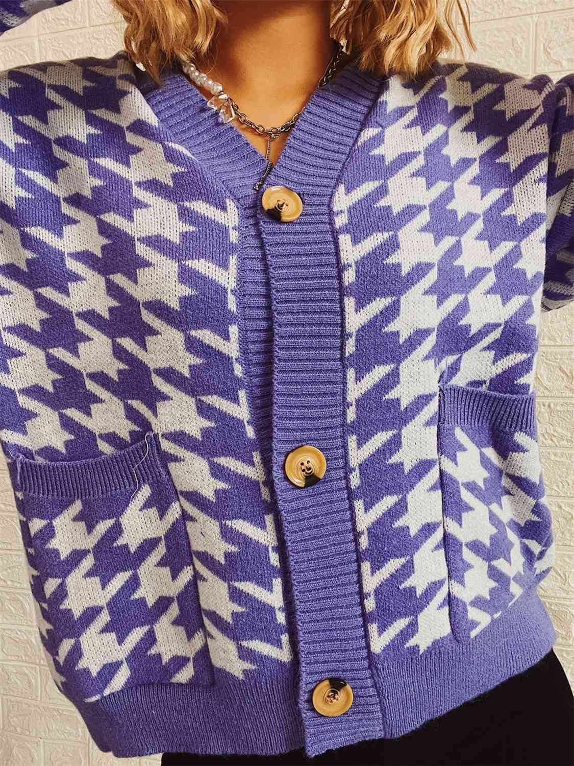 Houndstooth Botton Front  Cardigan with Pockets - AllIn Computer