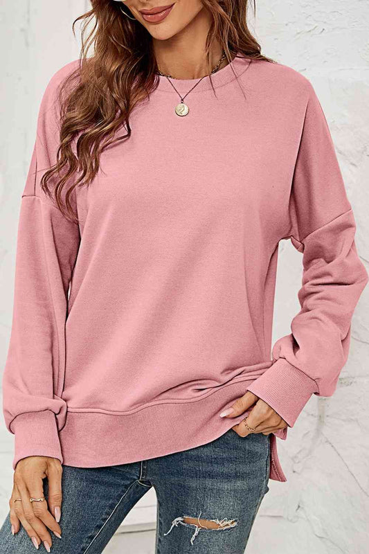 Round Neck  Dropped Shoulder Slit Sweatshirt - AllIn Computer