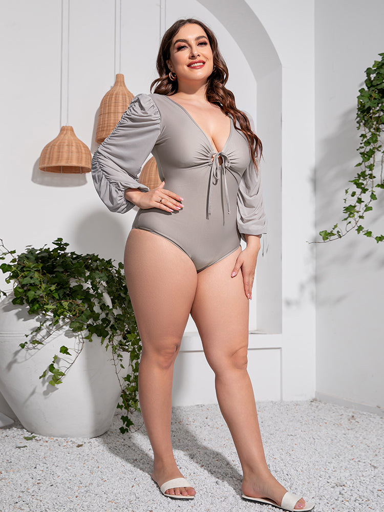 Plus Size Tied Deep V Balloon Sleeve One-Piece Swimsuit - AllIn Computer
