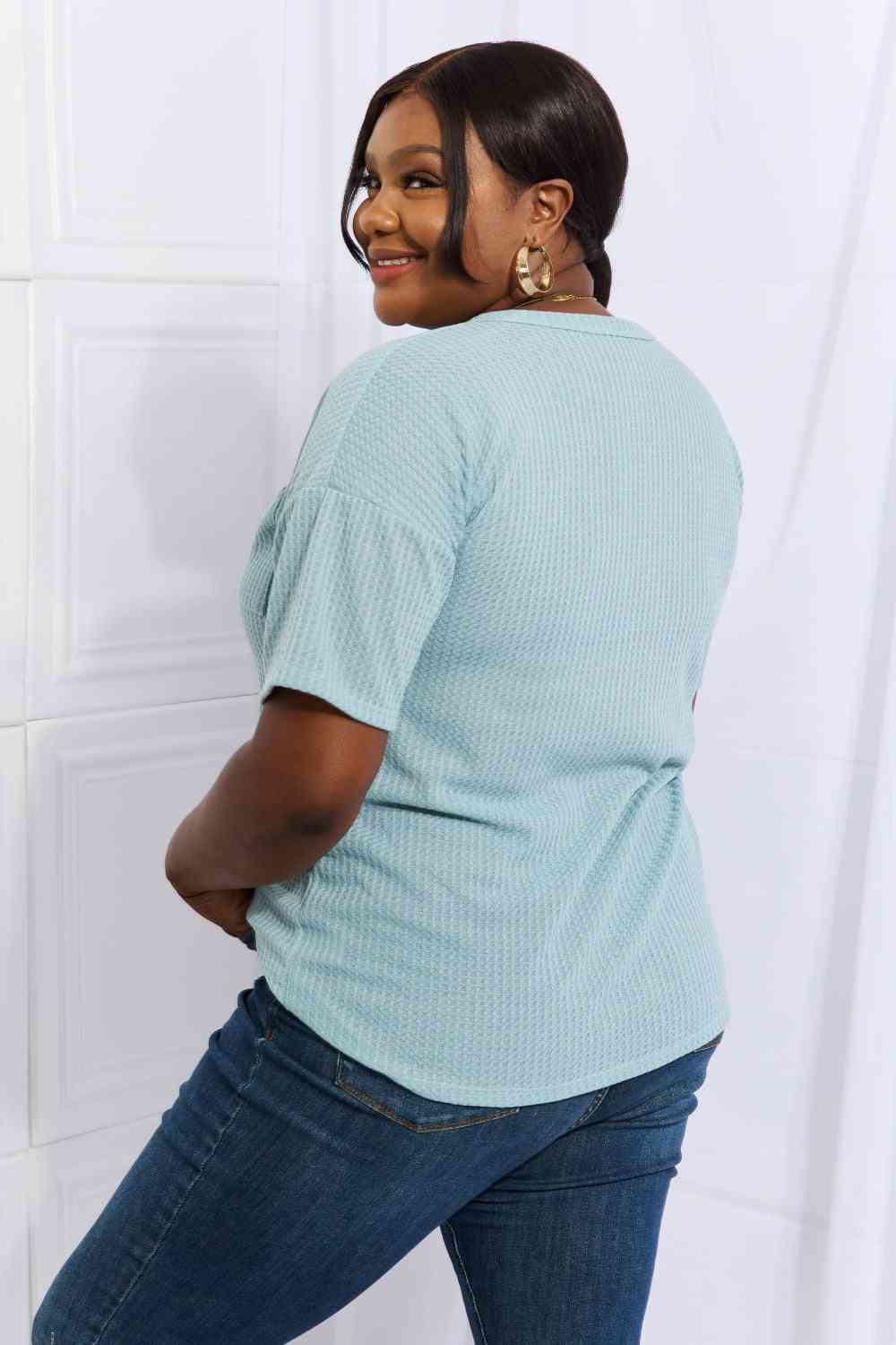 Heimish Made For You Full Size 1/4 Button Down Waffle Top in Blue - AllIn Computer