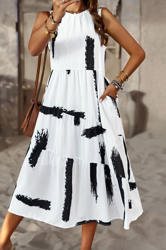 Printed Sleeveless Midi Dress with Pocket - AllIn Computer