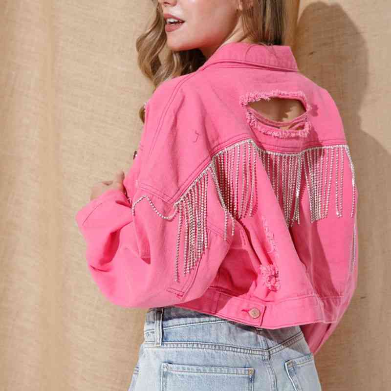 Cropped Collared Neck Dropped Shoulder Denim Jacket - AllIn Computer