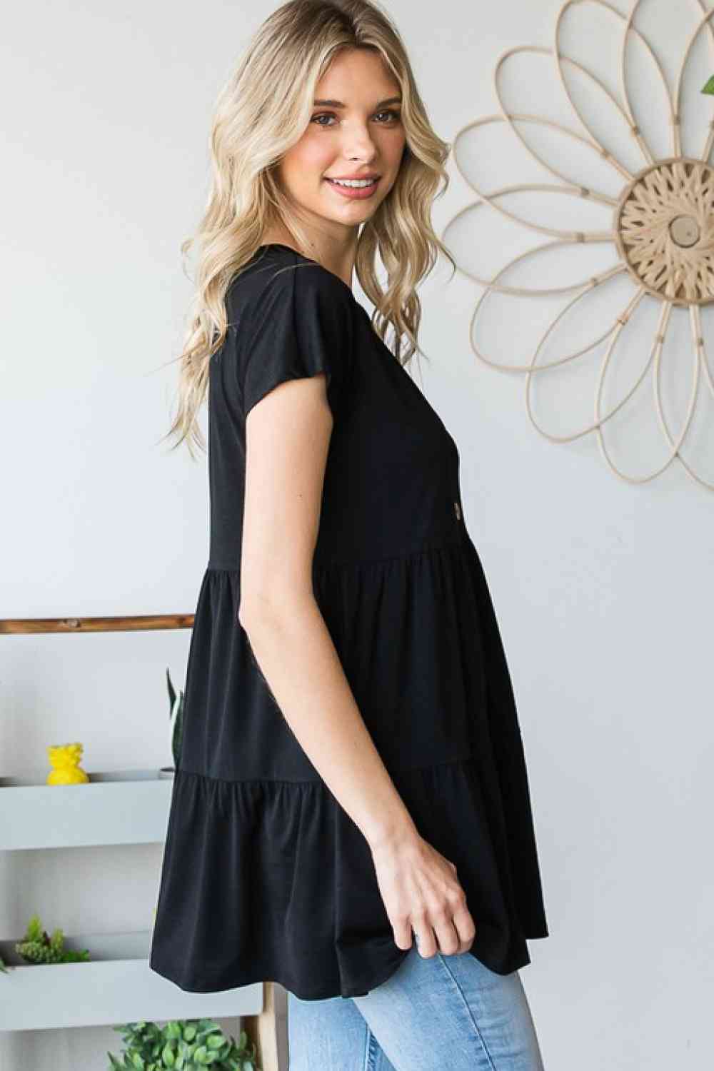 Heimish Full Size Buttoned V-Neck Tiered Top - AllIn Computer