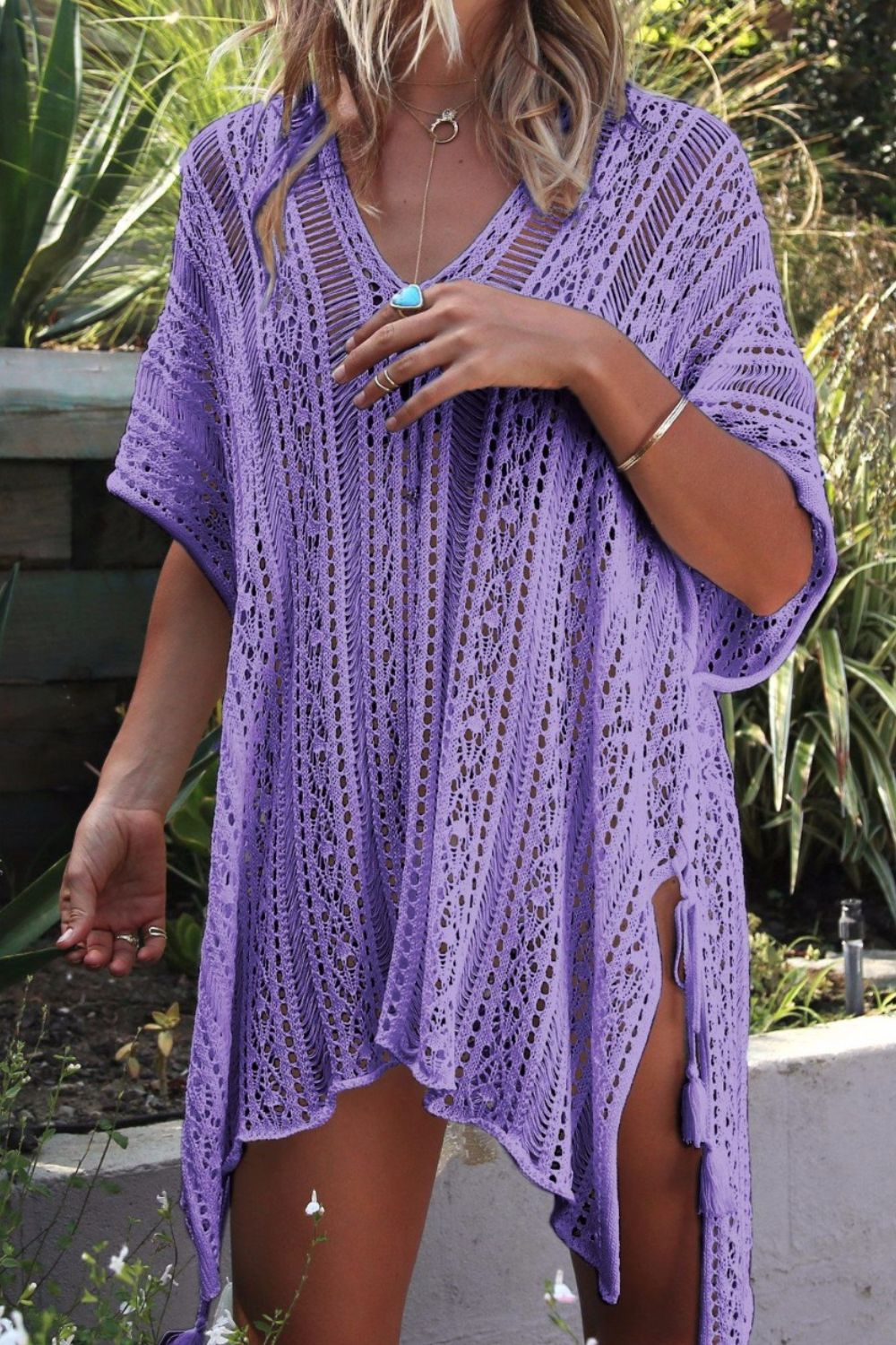 Cutout V-Neck Cover-Up with Tassel - AllIn Computer