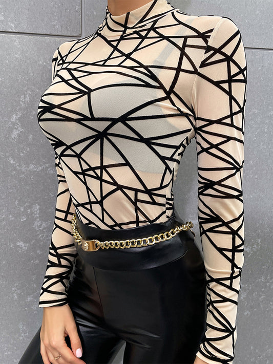 Geometric Mock Neck Long Sleeve Top - AllIn Computer