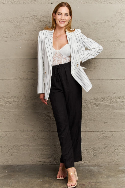 Striped Lapel Collar Long Sleeve Blazer - AllIn Computer