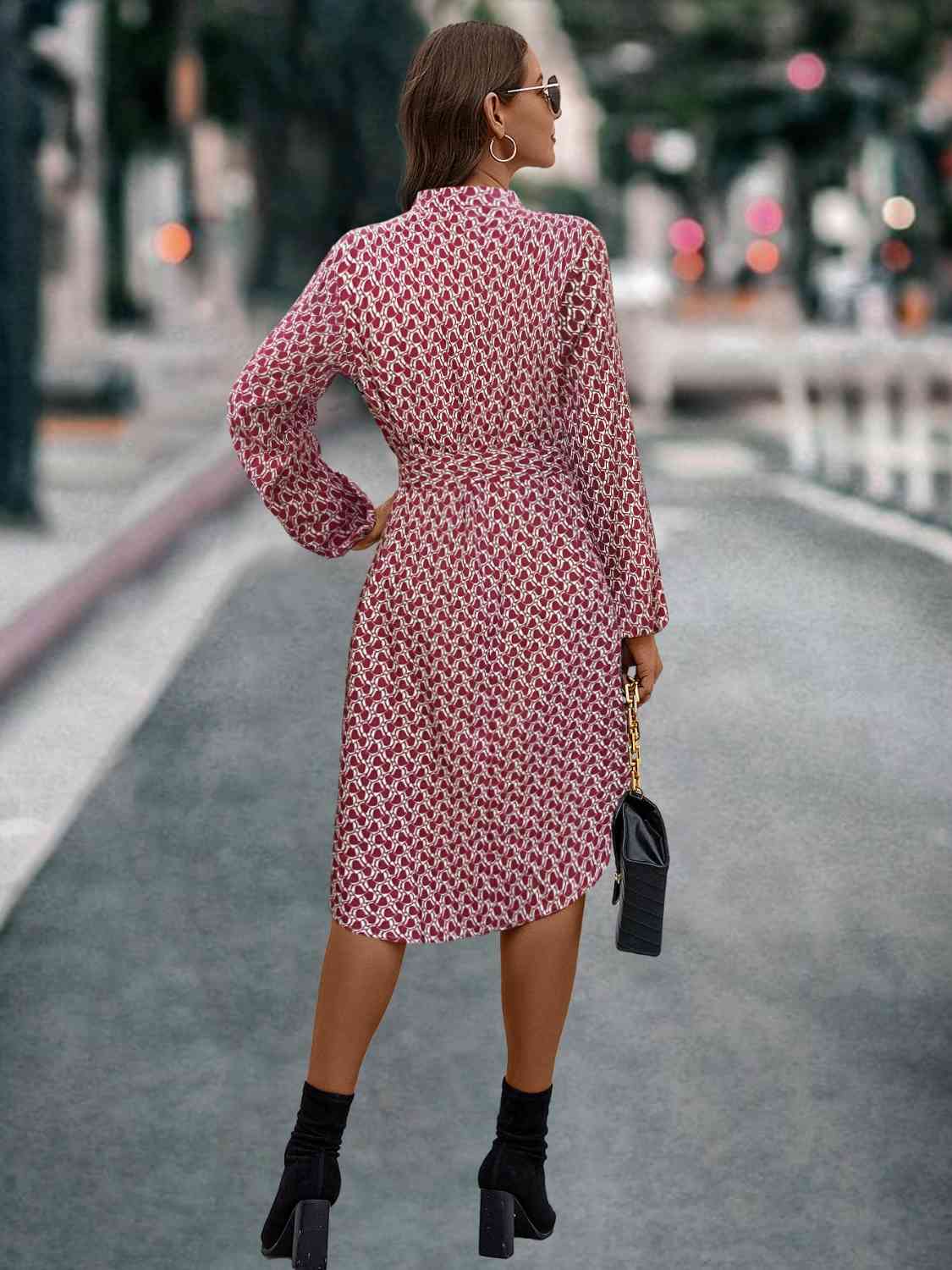 Printed Notched Tie Front Long Sleeve Dress - AllIn Computer